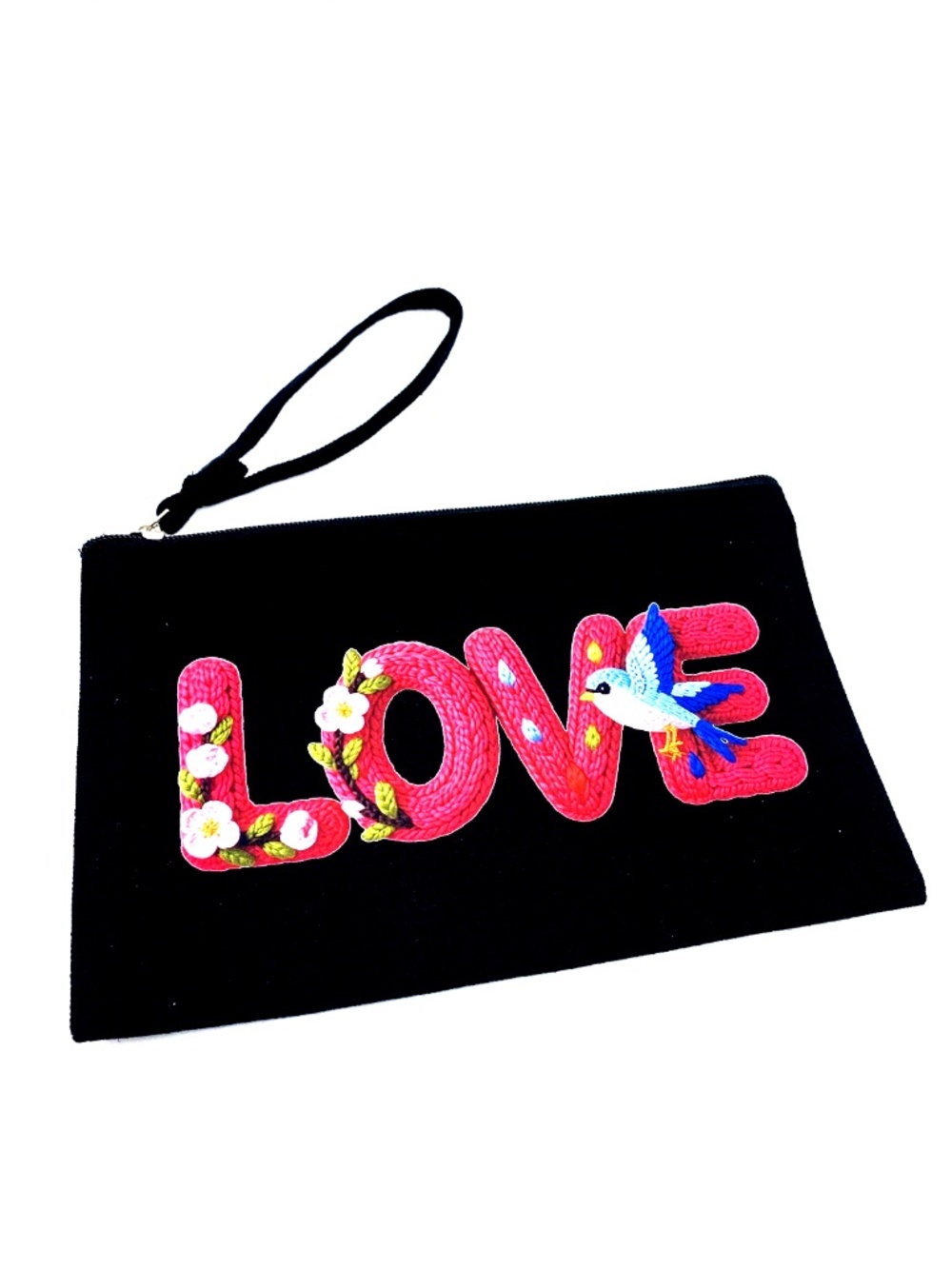 Make up Bag Wristlet Pouch Black Canvas Zipper Love Bird Cotton 10x6.5 inch